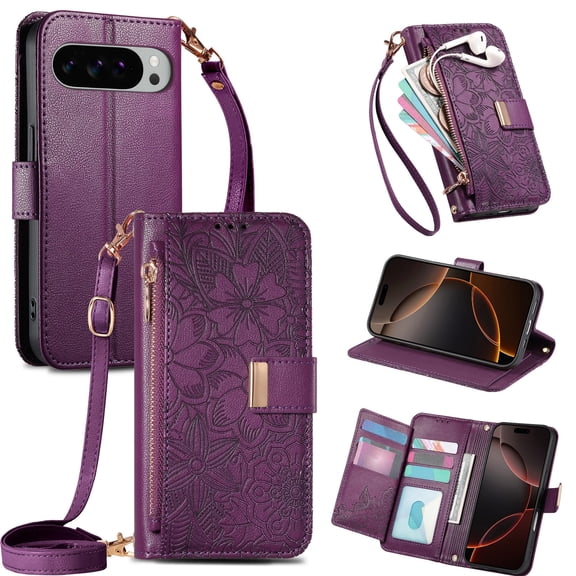 Crossbody For Google Pixel 10 /10 Pro Wallet Case with RFID Blocking Card Holder,Magnetic Clasp Premium PU Leather Flip Kickstand Zipper Slot Handbag Women Shoulder/Wrist Strap Phone Case,Purple