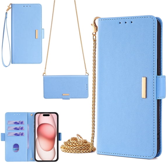 Crossbody for Google Pixel 6 Wallet Case,Magnetic Closure Flip Card Slots RFID Blocking,Detachable Long Shoulder Chain & Wrist Lanyard,Shockproof PU Leather Phone Case,Blue