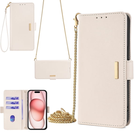 Crossbody for Google Pixel 6A Wallet Case,Magnetic Closure Flip Card Slots RFID Blocking,Detachable Long Shoulder Chain & Wrist Lanyard,Shockproof PU Leather Phone Case,White