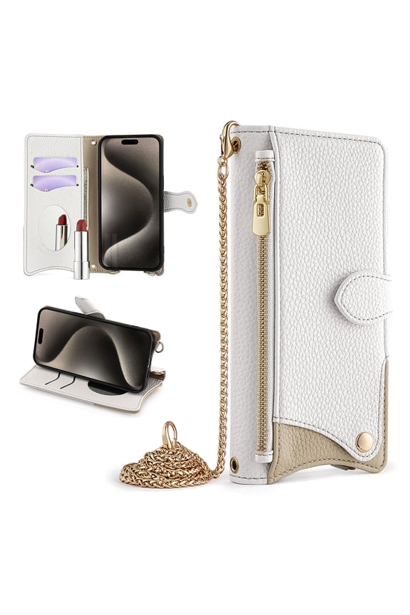 Crossbody for Google Pixel 7 Pro Case Card Holder,Premium PU Leather Wallet Case for Women with Strap Shoulder Chain,Zipper Coin Pocket Kickstand [Make-up Mirror] Magnetic Closure Cover,White
