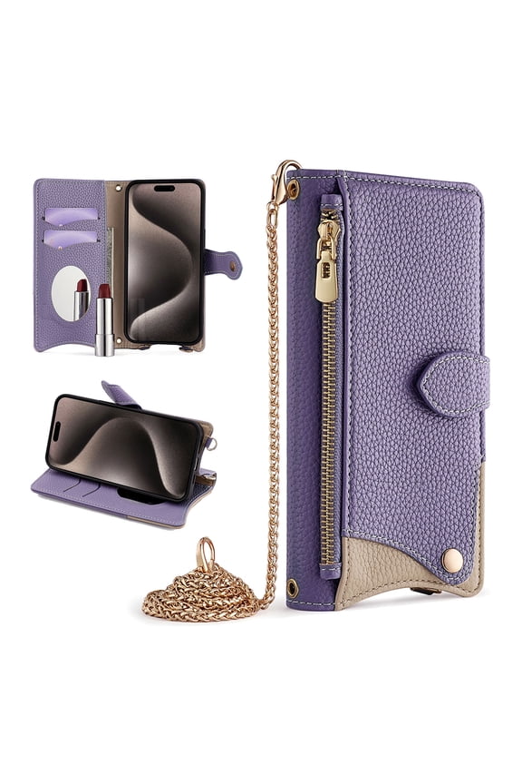 Crossbody for Google Pixel 8A Case Card Holder,Premium PU Leather Wallet Case for Women with Strap Shoulder Chain,Zipper Coin Pocket Kickstand [Make-up Mirror] Magnetic Closure Cover,Purple