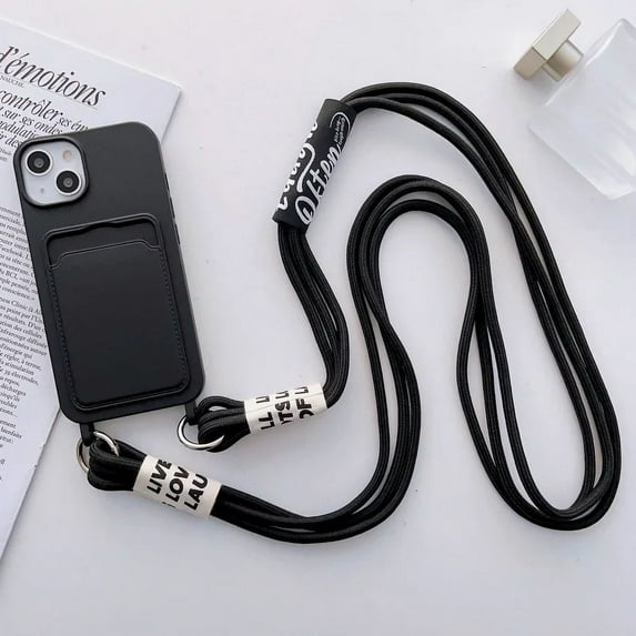 Crossbody Lanyard with Card Holder Phone Case for IPhone 16 15 14 Plus 13 12 11 Pro Max Solid Color Protective Shockproof Cover (For iPhone 12 Pro,Black)