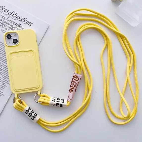 Crossbody Lanyard with Card Holder Phone Case for IPhone 16 15 14 Plus 13 12 11 Pro Max Solid Color Protective Shockproof Cover (For iPhone 12 Pro,Yellow)