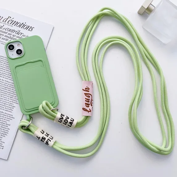 Crossbody Lanyard with Card Holder Phone Case for IPhone 16 15 14 Plus 13 12 11 Pro Max Solid Color Protective Shockproof Cover (For iPhone 13 Pro,Green)