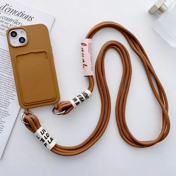 Crossbody Lanyard with Card Holder Phone Case for IPhone 16 15 14 Plus 13 12 11 Pro Max Solid Color Protective Shockproof Cover (For iPhone 13 ProMax,Brown)