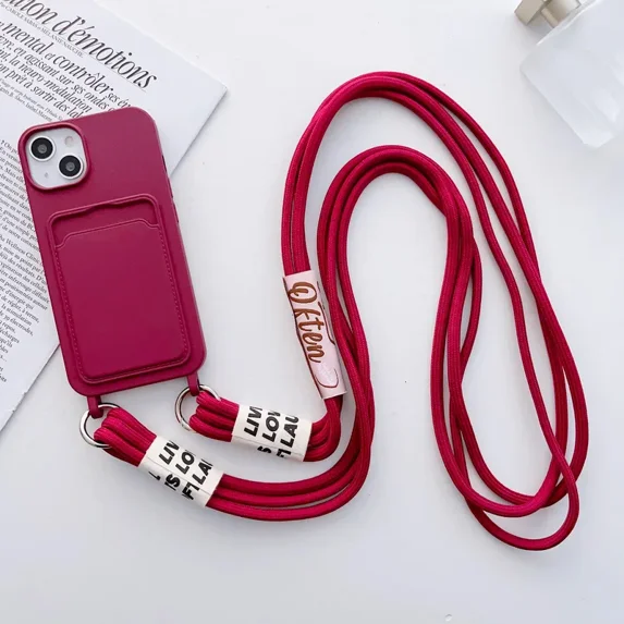 Crossbody Lanyard with Card Holder Phone Case for IPhone 16 15 14 Plus 13 12 11 Pro Max Solid Color Protective Shockproof Cover (For iPhone 14 ProMax,Red)