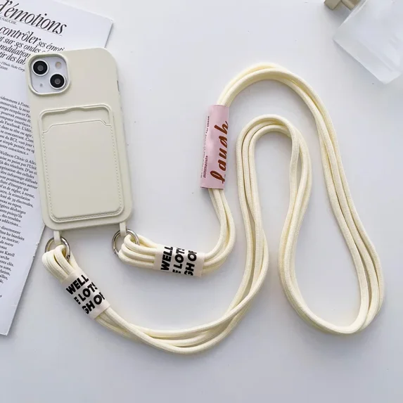Crossbody Lanyard with Card Holder Phone Case for IPhone 16 15 14 Plus 13 12 11 Pro Max Solid Color Protective Shockproof Cover (For iPhone 15 Pro,White)