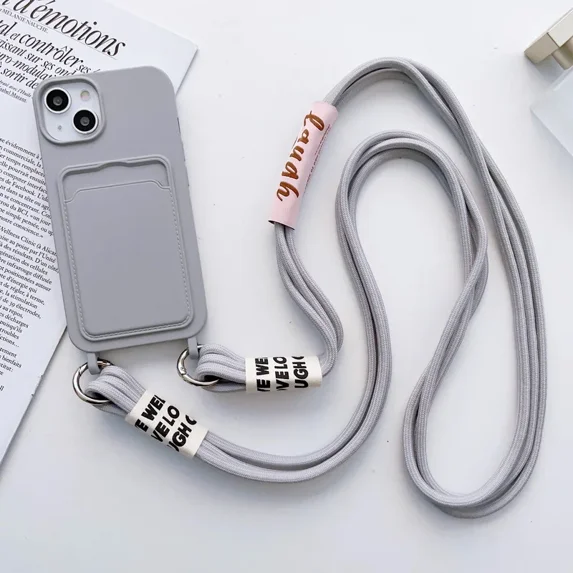 Crossbody Lanyard with Card Holder Phone Case for IPhone 16 15 14 Plus 13 12 11 Pro Max Solid Color Protective Shockproof Cover (For iPhone 15 ProMax,Grey)