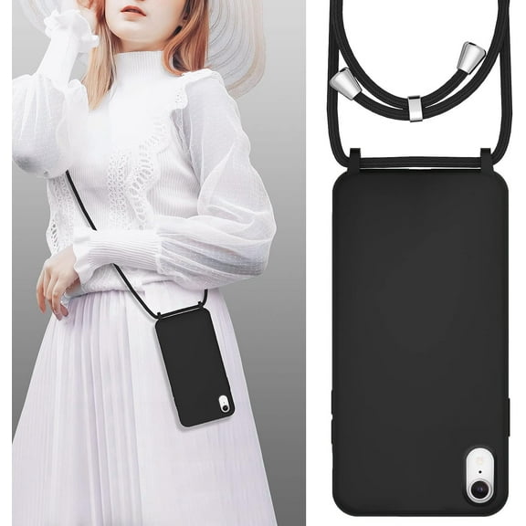 Crossbody Lanyard Phone case for iPhone XR, Silicone Phone Cover with Adjustable Necklace Strap Soft Belt Neck Cord Lanyard Shockproof Protective Case - Black