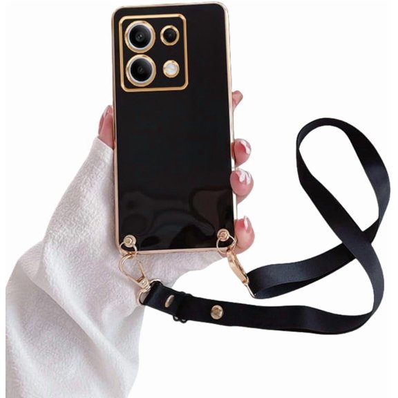 Crossbody Lanyard Plating Case on for Xiaomi Redmi Note 13 12 Pro Plus 4g 5g Cord Soft Silicone Back Cover(for Redmi Note 13 5g/ZBBGS Black)