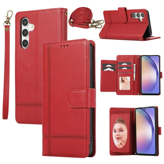 Crossbody Lanyard for Samsung Galaxy A15 Case Kickstand【RFID Blocking】 with 5-Card Holder Slot, Soft PU Leather Magnetic Shoulder Wrist Strap for A15 Wallet Case With Mirror,Red
