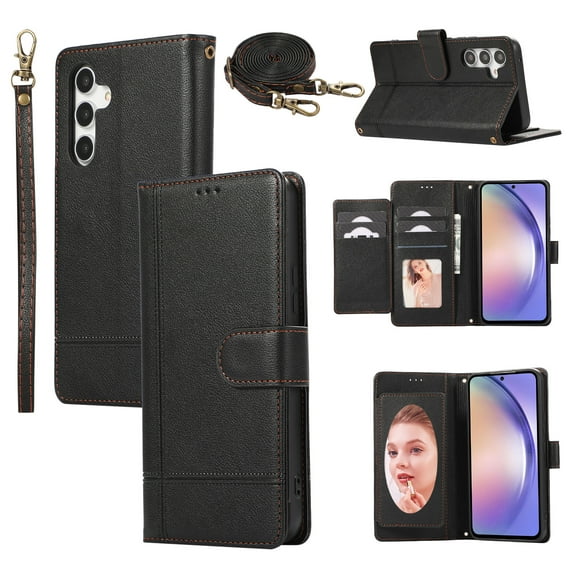 Crossbody Lanyard for Samsung Galaxy A32 5G Case Kickstand【RFID Blocking】 with 5-Card Holder Slot, Soft PU Leather Magnetic Shoulder Wrist Strap for A32 5G Wallet Case With Mirror,Black