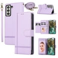 thumbnail image 1 of Crossbody Lanyard for Samsung Galaxy S21 Case Kickstand【RFID Blocking】 with 5-Card Holder Slot, Soft PU Leather Magnetic Shoulder Wrist Strap for S21 Wallet Case With Mirror,Purple, 1 of 11