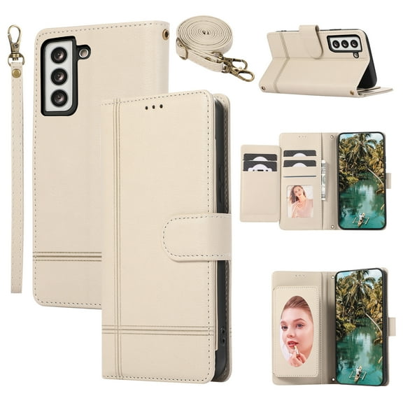 Crossbody Lanyard for Samsung Galaxy S21 Case Kickstand【RFID Blocking】 with 5-Card Holder Slot, Soft PU Leather Magnetic Shoulder Wrist Strap for S21 Wallet Case With Mirror,Beige