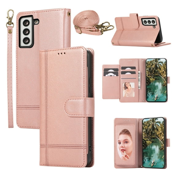Crossbody Lanyard for Samsung Galaxy S22 Plus Case Kickstand【RFID Blocking】 with 5-Card Holder Slot, Soft PU Leather Magnetic Shoulder Wrist Strap for S22 Plus Wallet Case With Mirror,Rosegold