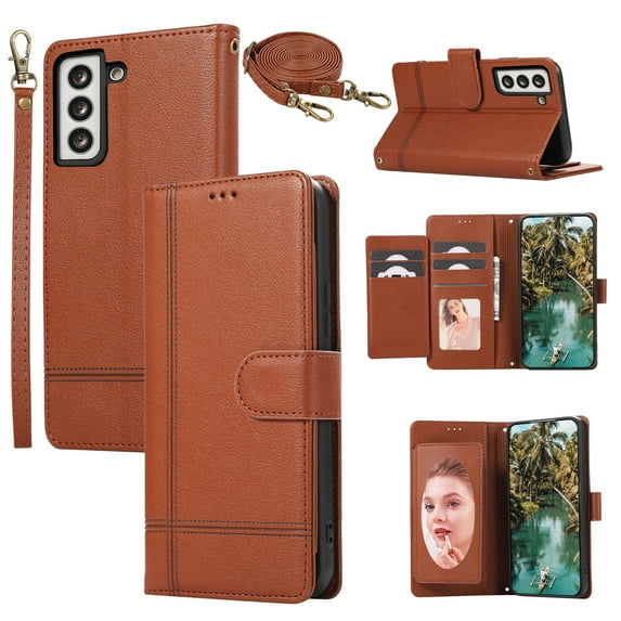 Crossbody Lanyard for Samsung Galaxy S22 Plus Case Kickstand【RFID Blocking】 with 5-Card Holder Slot, Soft PU Leather Magnetic Shoulder Wrist Strap for S22 Plus Wallet Case With Mirror,Brown