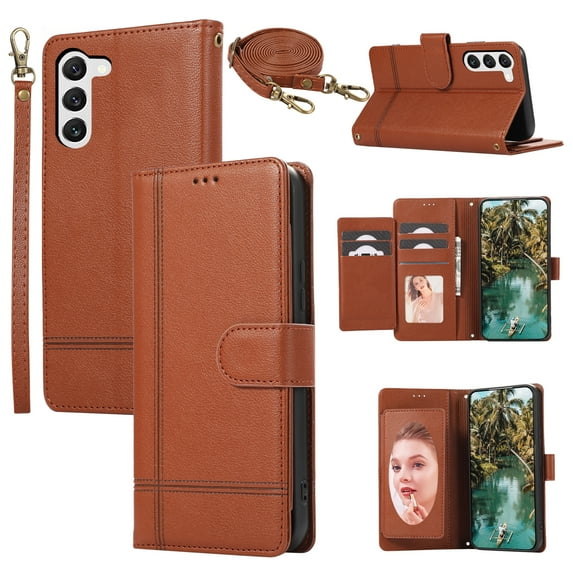 Crossbody Lanyard for Samsung Galaxy S23 Case Kickstand【RFID Blocking】 with 5-Card Holder Slot, Soft PU Leather Magnetic Shoulder Wrist Strap for S23 Wallet Case With Mirror,Brown