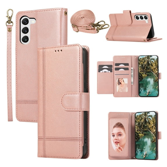 Crossbody Lanyard for Samsung Galaxy S23 Plus Case Kickstand【RFID Blocking】 with 5-Card Holder Slot, Soft PU Leather Magnetic Shoulder Wrist Strap for S23 Plus Wallet Case With Mirror,Rosegold