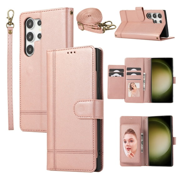 Crossbody Lanyard for Samsung Galaxy S24 Ultra Case Kickstand【RFID Blocking】 with 5-Card Holder Slot, Soft PU Leather Magnetic Shoulder Wrist Strap for S24 Ultra Wallet Case With Mirror,Rosegold