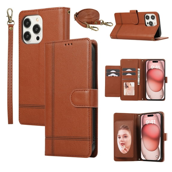 Crossbody Lanyard for iPhone 13 Pro Max Case Kickstand【RFID Blocking】 with 5-Card Holder Slot, Soft PU Leather Magnetic Shoulder Wrist Strap for i13 Pro Max Wallet Case With Mirror,Brown