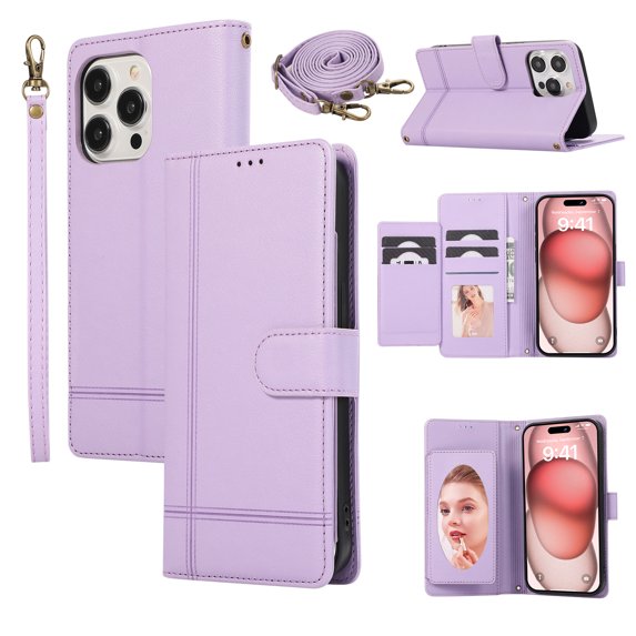 Crossbody Lanyard for iPhone 13 Pro Max Case Kickstand【RFID Blocking】 with 5-Card Holder Slot, Soft PU Leather Magnetic Shoulder Wrist Strap for i13 Pro Max Wallet Case With Mirror,Purple