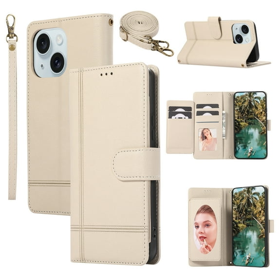 Crossbody Lanyard for iPhone 14 Case Kickstand【RFID Blocking】 with 5-Card Holder Slot, Soft PU Leather Magnetic Shoulder Wrist Strap for iPhone 14 Wallet Case With Mirror,Beige