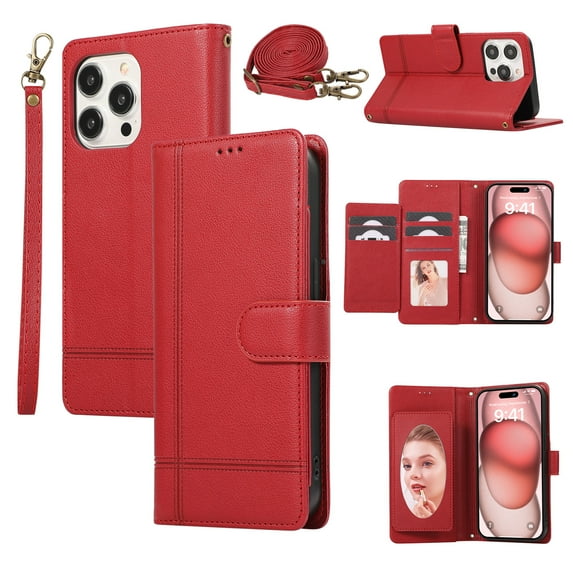 Crossbody Lanyard for iPhone 14 Pro Max Case Kickstand【RFID Blocking】 with 5-Card Holder Slot, Soft PU Leather Magnetic Shoulder Wrist Strap for i14 Pro Max Wallet Case With Mirror,Red