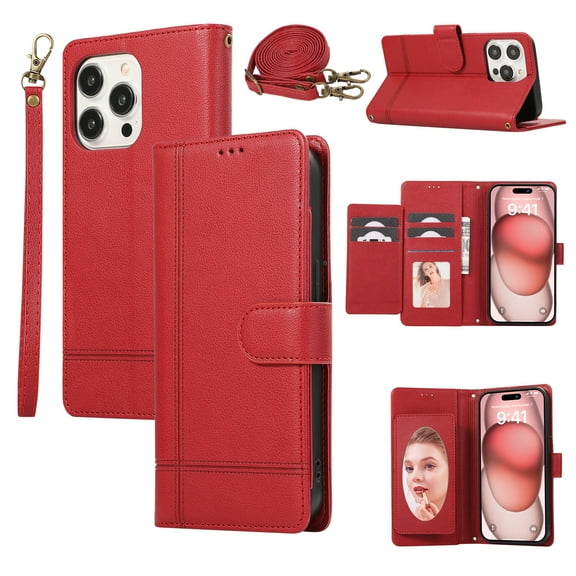 Crossbody Lanyard for iPhone 15 Pro Case Kickstand【RFID Blocking】 with 5-Card Holder Slot, Soft PU Leather Magnetic Shoulder Wrist Strap for iPhone 15 Pro Wallet Case With Mirror,Red