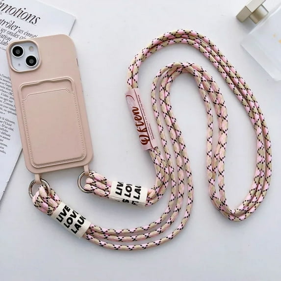 Crossbody Lanyard with Card Holder Phone Case for IPhone 16 15 14 Plus 13 12 11 Pro Max Solid Color Protective Shockproof Cover (For iPhone 13,Pink)
