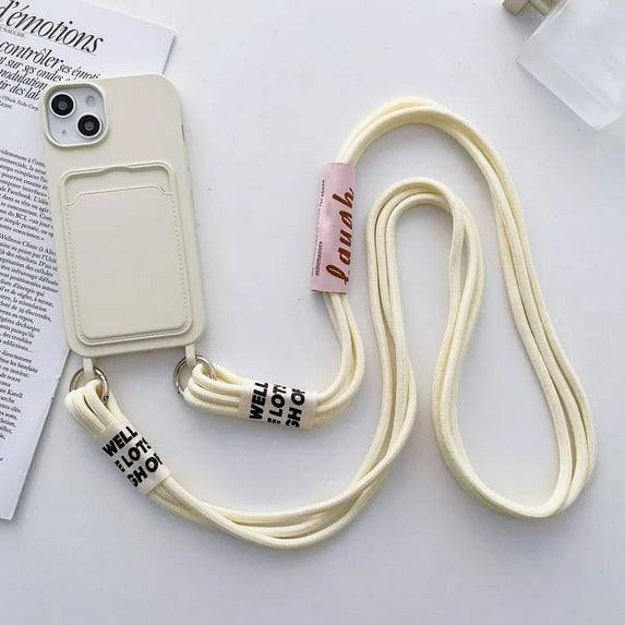 Crossbody Lanyard with Card Holder Phone Case for IPhone 16 15 14 Plus 13 12 11 Pro Max Solid Color Protective Shockproof Cover (For iPhone 15,White)
