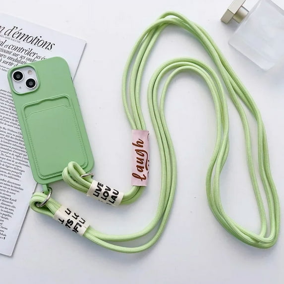 Crossbody Lanyard with Card Holder Phone Case for IPhone 16 15 14 Plus 13 12 11 Pro Max Solid Color Protective Shockproof Cover (For iPhone 16,Green)