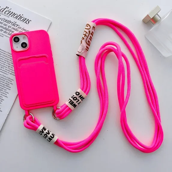 Crossbody Lanyard with Card Holder Phone Case for IPhone 16 15 14 Plus 13 12 11 Pro Max Solid Color Protective Shockproof Cover (For iPhone 16,Rose)