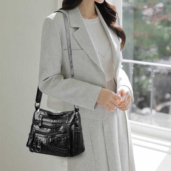 Crossbody Leather Shoulder Bag Multi Zipper Handbag,Soft Washed Style Spacious Storage Organizer,Classic Lightweight Everyday Purse,Practical Carry Bag for Travel Work Shopping Casual Outings-Black