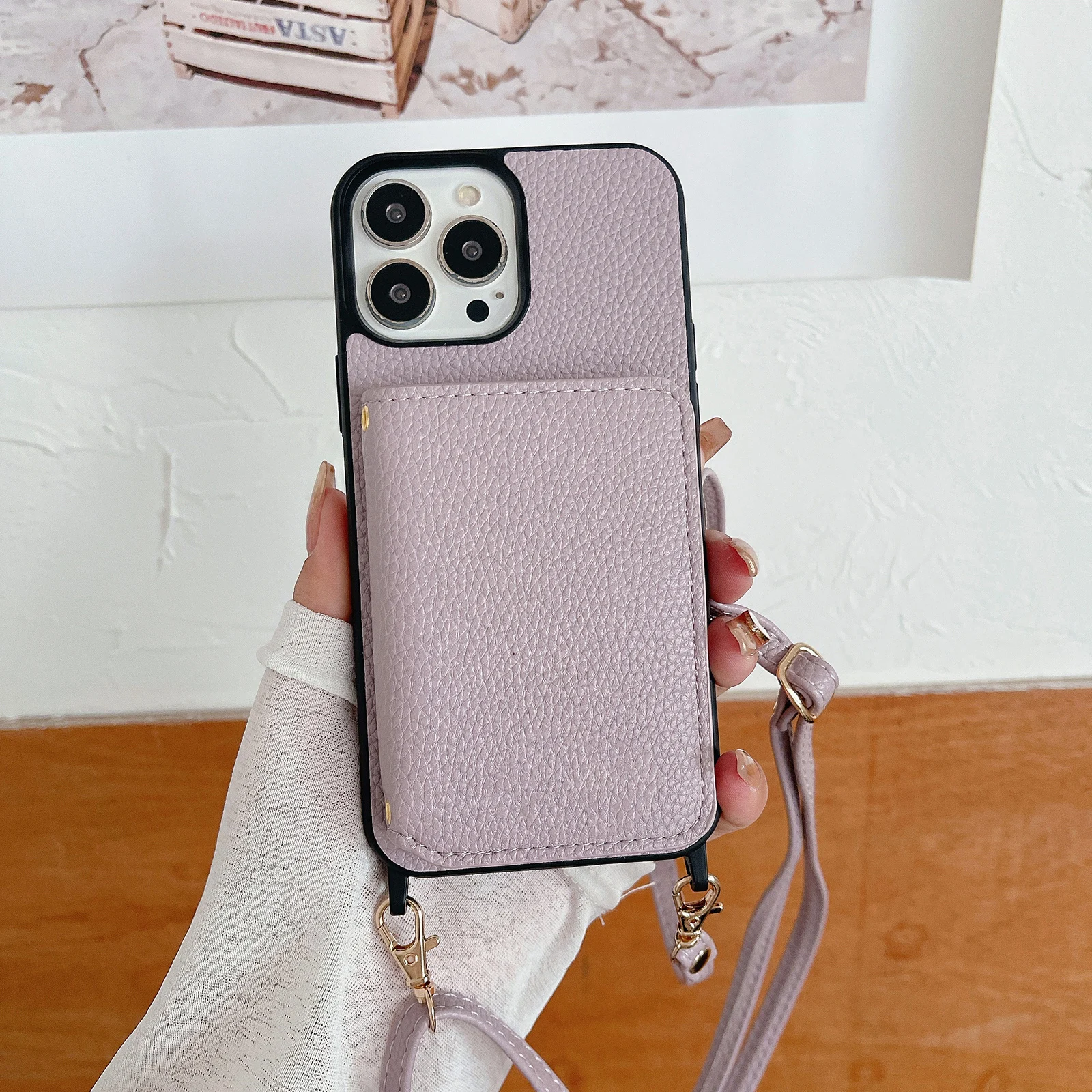 Crossbody Leather Wallet Cards Solt Case For iPhone 14 15 Pro Max