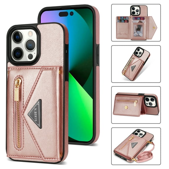 Crossbody Leather Wallet Case for iPhone 14 Pro Max with Card Slots Zipper Pocket Kickstand Function Adjustable Shoulder Strap Shockproof Purse Phone Case 6.7",Pink