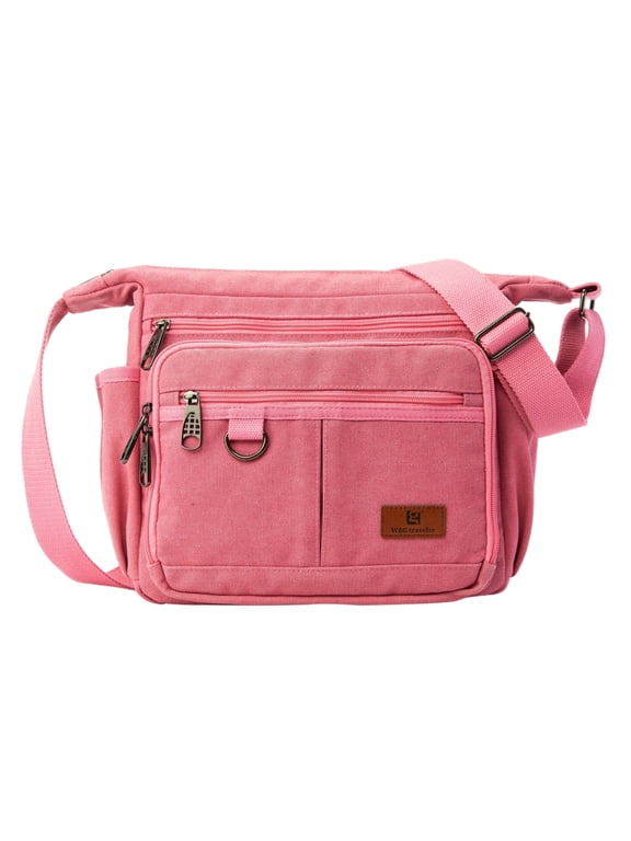 Waxed Canvas Messenger Bag, Women's Crossbody Multi-Pocket Shoulder Purse with RFID Wallet, Pink