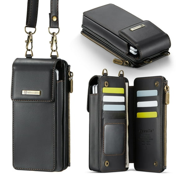 Crossbody Phone Bag Purse Wallet Case for iPhone/Galaxy/Pixel Series Cell Phones (Less Than or Equal to 7.6"), with Shoulder/Wrist Strap Lanyard, RFID Blocking Card Slots, PU Leather Bag, Black