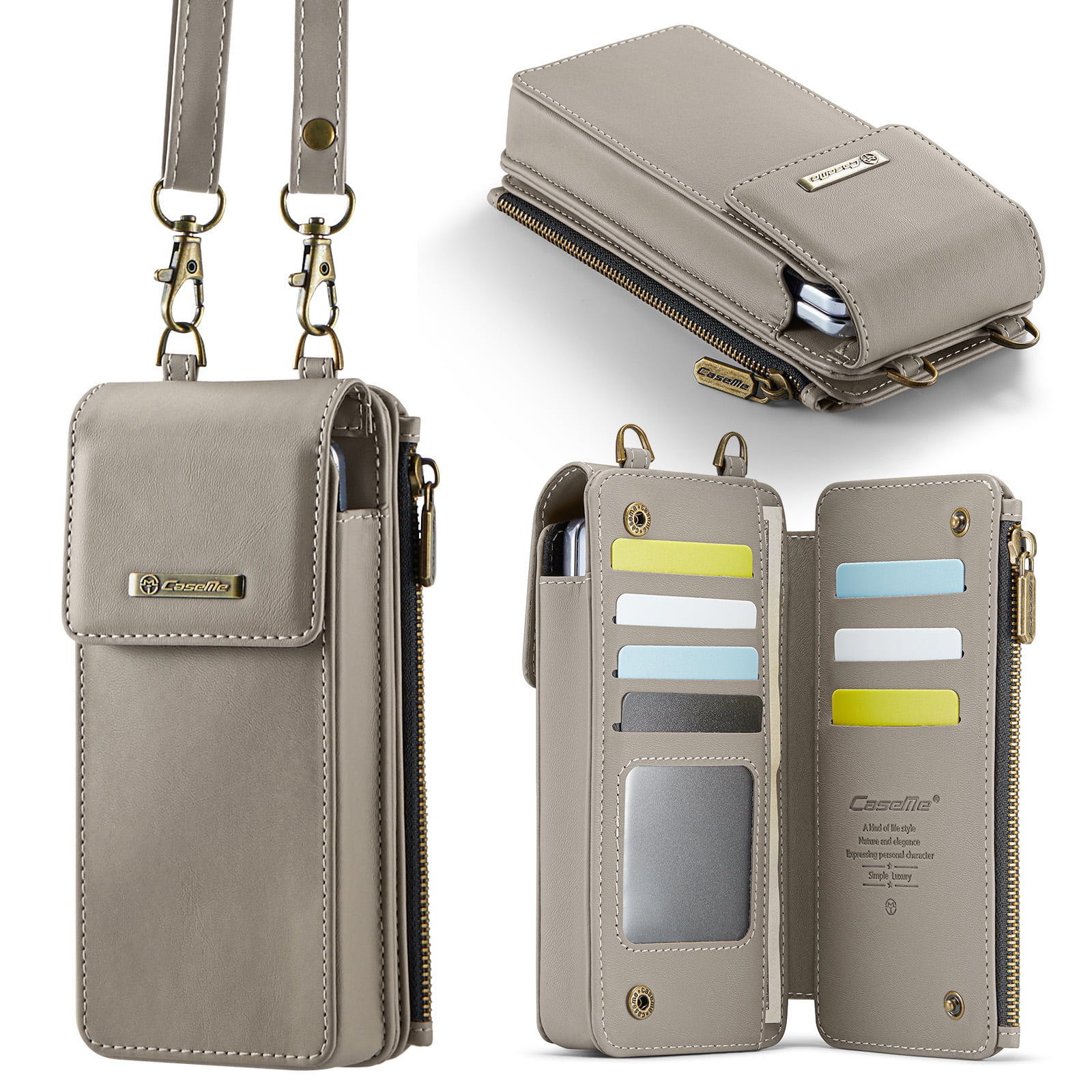 Crossbody Phone Bag Purse Wallet Case for iPhone/Galaxy/Pixel Series Cell Phones (Less Than or Equal to 7.6"), with Shoulder/Wrist Strap Lanyard, RFID Blocking Card Holder Slots, PU Leather Bag, Gray