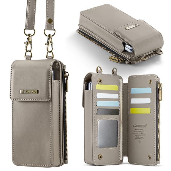 Crossbody Phone Bag Purse Wallet Case for iPhone/Galaxy/Pixel Series Cell Phones (Less Than or Equal to 7.6"), with Shoulder/Wrist Strap Lanyard, RFID Blocking Card Holder Slots, PU Leather Bag, Gray