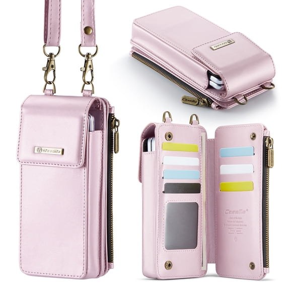 Crossbody Phone Bag Purse Wallet Case for iPhone/Galaxy/Pixel Series Cell Phones (Less Than or Equal to 7.6"), with Shoulder/Wrist Strap Lanyard, RFID Blocking Credit Card Slots, PU Leather Bag, Pink