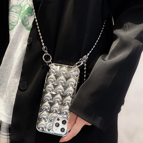 Crossbody Phone Case Compatible with iPhone 12/12 Pro,3D Hearts Love Glitter Plating Cover with Silver Long Neck Chain Strap Luxury Retro Full Protective Soft Casing for iPhone12/12pro 6.1"