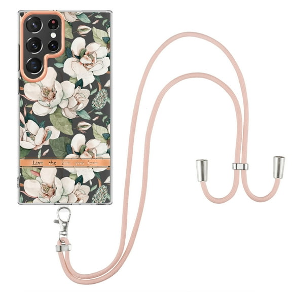 Crossbody Phone Case Fit Samsung Galaxy S22 Ultra 5G (6.8"/2022), Floral Series Slim Silicone TPU Case Girls Women with Shoulder Strap Adjustable Necklace Lanyard Cord Cover, Green Gardenia