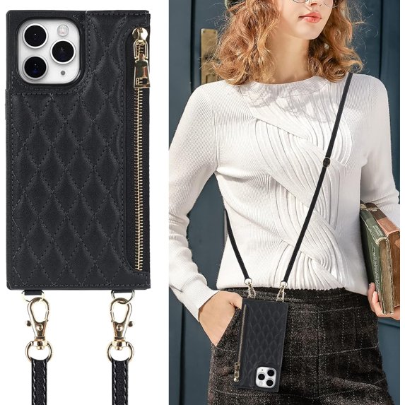 Crossbody Phone Case for iPhone 11 Pro with Card Holder Slot,iPhone 11 Pro Magnetic Purse Case with Lanyard Strap for Women Men,PU Leather Zipper Lattice Pattern Travel Case 5.8 Inch (Black)