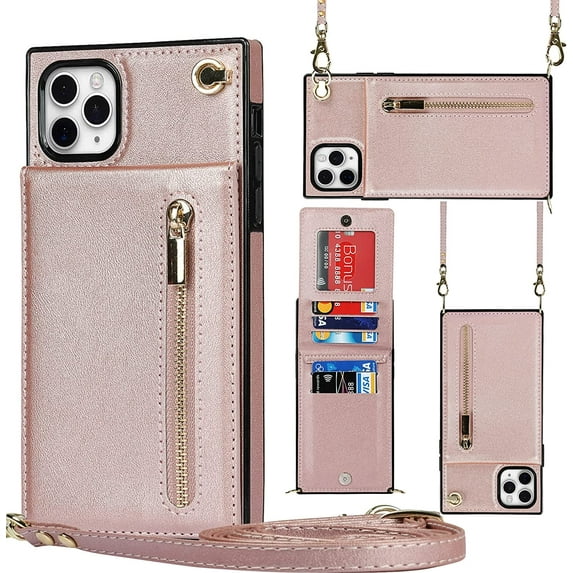 Crossbody Phone Case for iPhone 11 Pro Max Case with Card Holder for Women,iPhone 11 Pro Max Case Wallet with Strap Lanyard for Men,PU Leather Magnetic Clasp with Kickstand 6.5", Rosegold