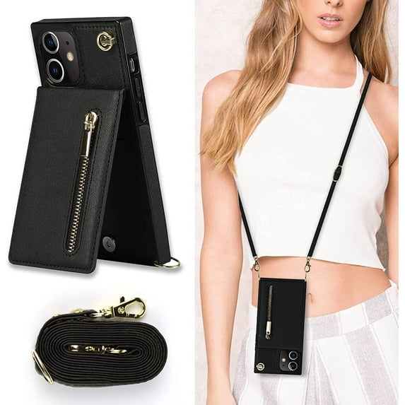 Crossbody Phone Case for iPhone 12 Mini Case with Card Holder for Women,iPhone 12 Mini Case Wallet with Strap Lanyard for Men,PU Leather Magnetic Clasp with Kickstand 5.4", Black