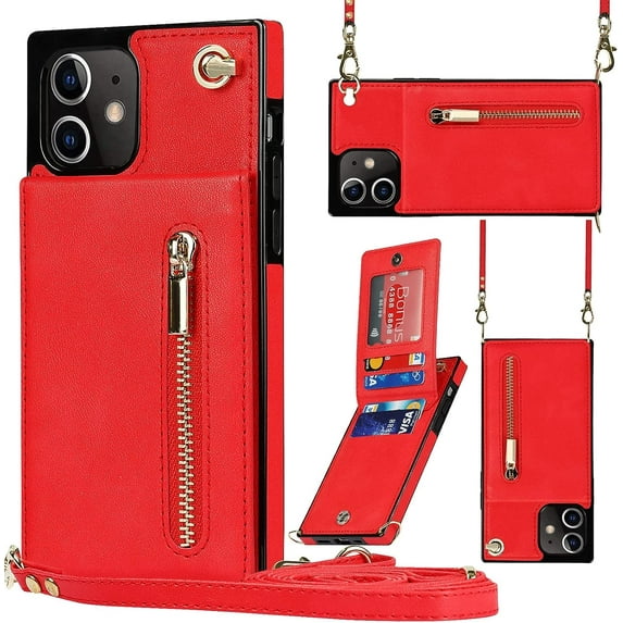 Crossbody Phone Case for iPhone 12 Mini Case with Card Holder for Women,iPhone 12 Mini Case Wallet with Strap Lanyard for Men,PU Leather Magnetic Clasp with Kickstand 5.4", Red