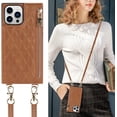 thumbnail image 1 of Crossbody Phone Case for iPhone 12 Pro Max with Card Holder,iPhone 12 Pro Max Magnetic Purse Case with Lanyard Strap for Women Men,PU Leather Zipper Lattice Pattern Travel Case 6.7" (Brown), 1 of 14