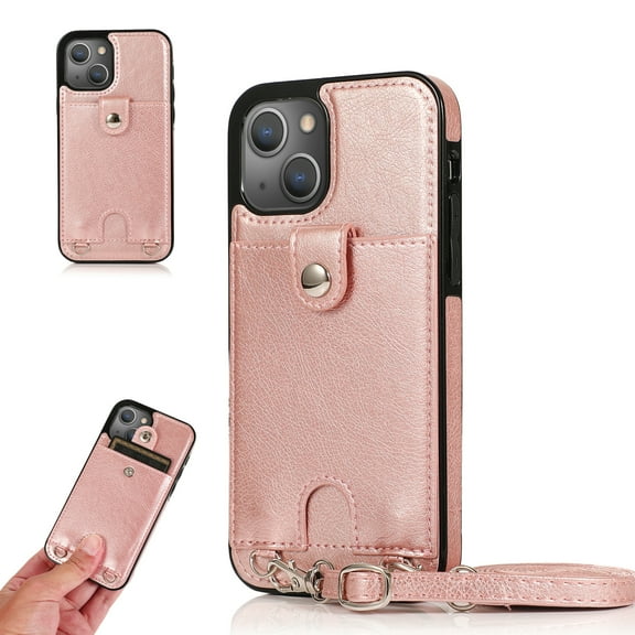Crossbody Phone Case for iPhone 13(6.1") 2021, Allytech PU Leather Back Card Holder Detachable Lanyard Adjustable Strap Drop Protection Purse Slim Bag Case for iPhone 13 2021, Rosegold