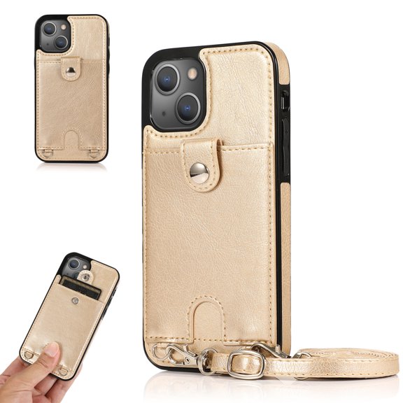 Crossbody Phone Case for iPhone 13 Mini(5.4") 2021, Allytech PU Leather Back Card Holder Detachable Lanyard Adjustable Strap Drop Protection Purse Slim Bag Case for iPhone 13 Mini 2021, Gold