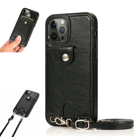 Crossbody Phone Case for iPhone 13 Pro(6.1") 2021, Allytech PU Leather Back Card Holder Detachable Lanyard Adjustable Strap Drop Protection Purse Slim Bag Case for iPhone 13 Pro 2021, Black